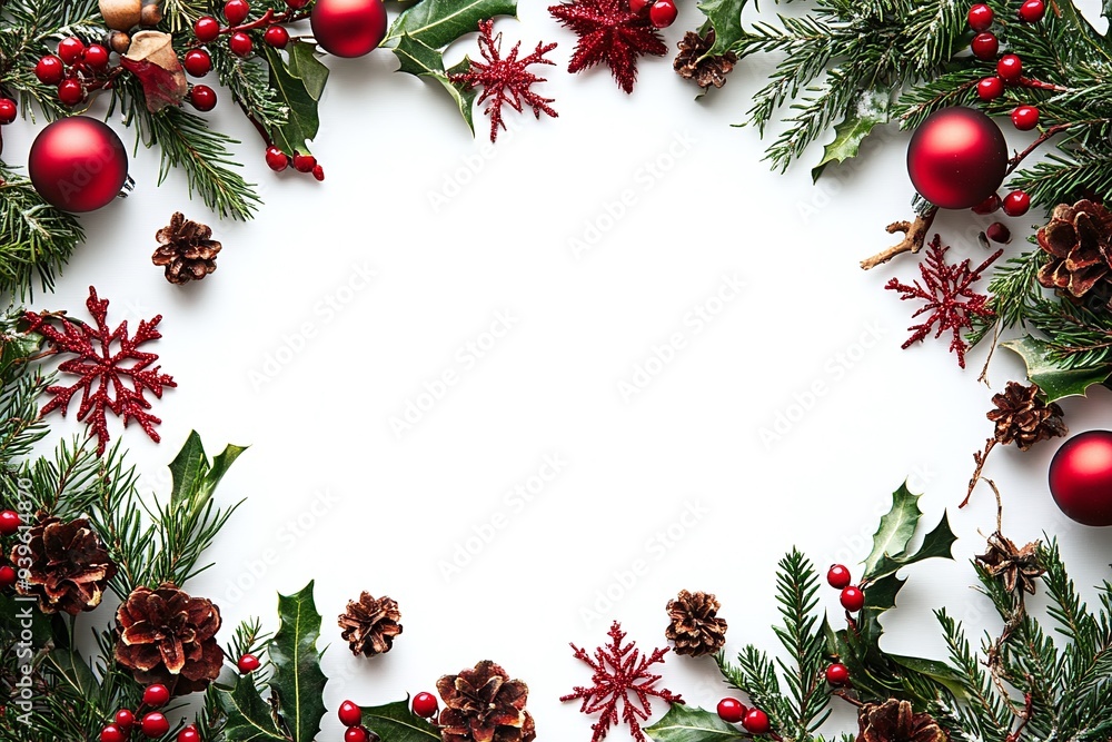 Festive Christmas Frame with Pine Cones and Red Berries Festive Christmas Frame with Pine Cones and Red Berries