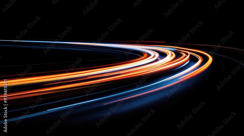 Curved light trails creating a smooth, winding pattern on a black background, evoking the image of a road in motion.