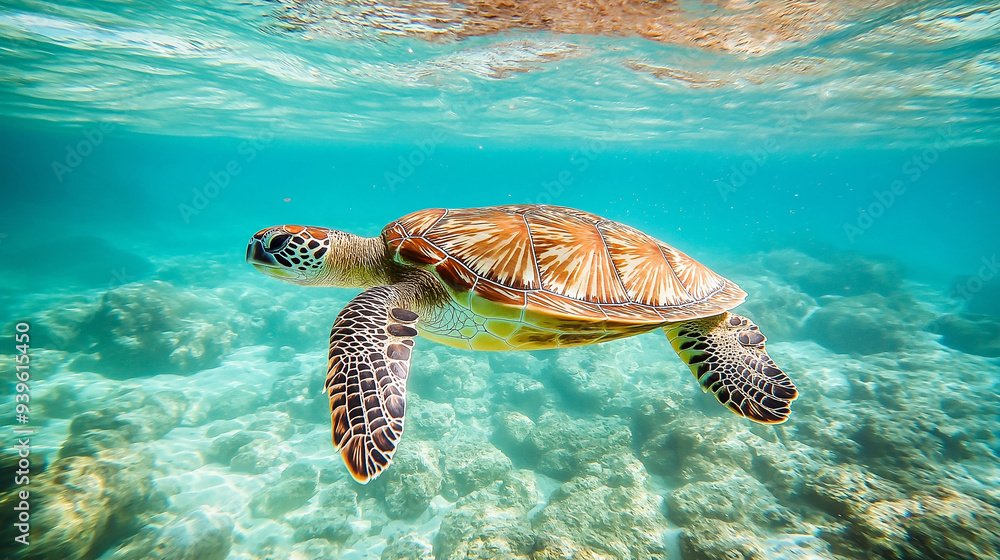 Obraz premium 29. Crisp and clear image of a sleek sea turtle gliding through clear water