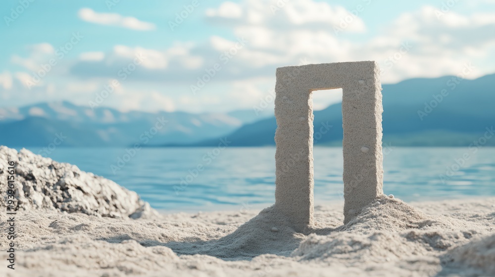 A sand sculpture shaped like a door stands on a beach with a serene ocean and mountain landscape in the background, symbolizing new beginnings and possibilities. A sand sculpture shaped like a door stands on a beach with a serene ocean and mountain landscape in the background, symbolizing new beginnings and possibilities.