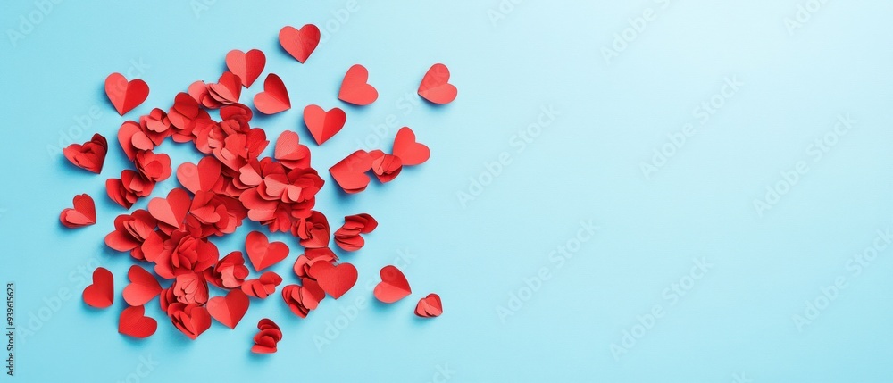 Scattered Red Paper Hearts on a Light Blue Background Scattered Red Paper Hearts on a Light Blue Background