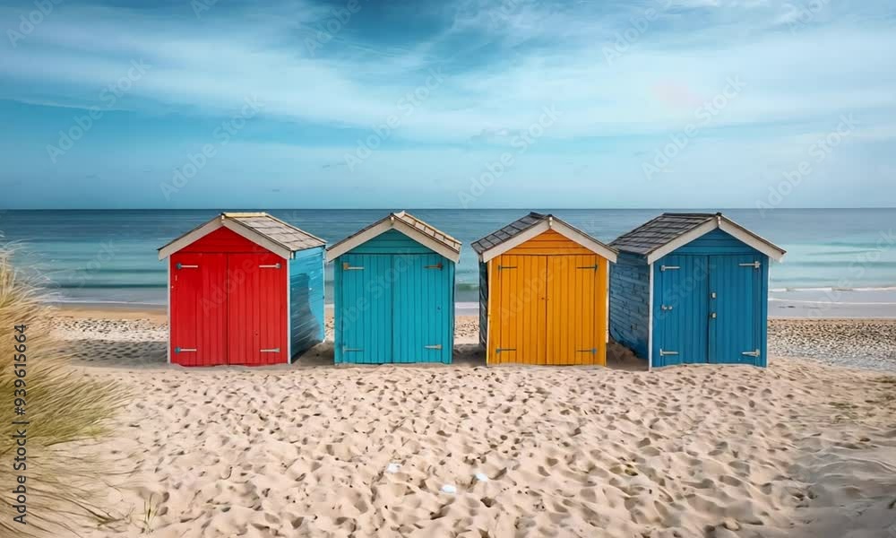a row of colorful beach huts sitting on top of a sandy beach a row of colorful beach huts sitting on top of a sandy beach