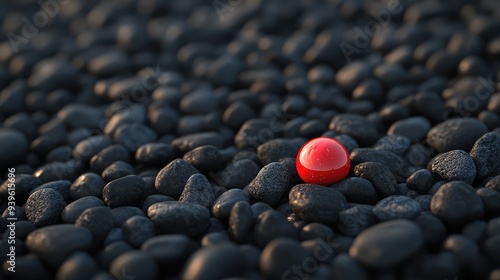 Close-up wallpaper of tiny black pebbles with one red marble standing out, 3D realistic octane render, high detail. photo