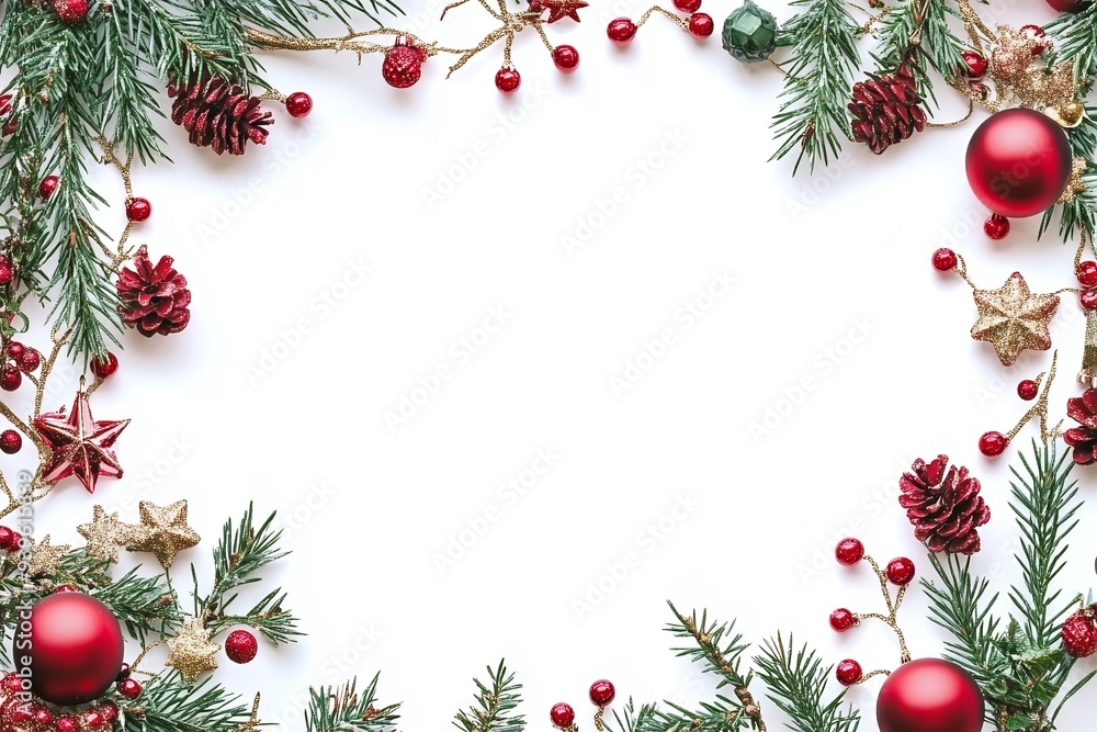 Festive Christmas Frame with Pine Cones and Red Berries Festive Christmas Frame with Pine Cones and Red Berries