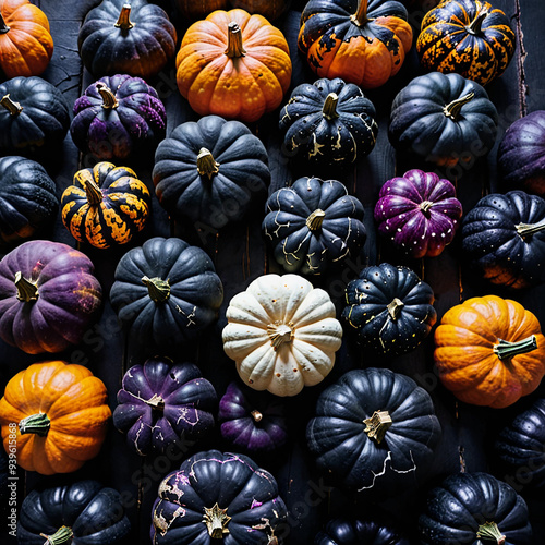 Halloween pumpkins flat lay.Various colors pumpkins of different sizes. Autumn Harvest Festival. Farmers products fair. photo