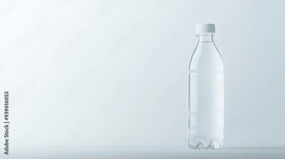 A single plastic water bottle stands against a plain white background, emphasizing simplicity, hydration, and minimalism. A single plastic water bottle stands against a plain white background, emphasizing simplicity, hydration, and minimalism.