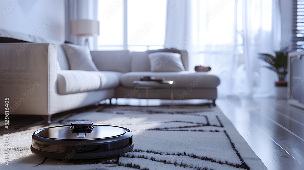 A robot vacuum cleaner efficiently cleaning a sleek living room, set against a pristine white background A robot vacuum cleaner efficiently cleaning a sleek living room, set against a pristine white background
