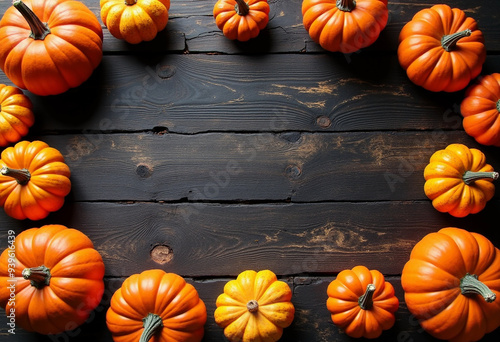 Halloween pumpkins flat lay with space for text. Orange pumpkins of different sizes on a brown old wooden floor. Autumn Harvest Festival. Farmers products fair. photo