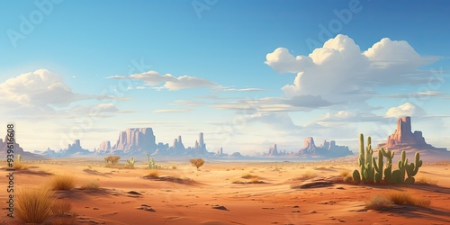 A panoramic view of a desert landscape with sand dunes and cactus plant. Adventure journey vibe style photo