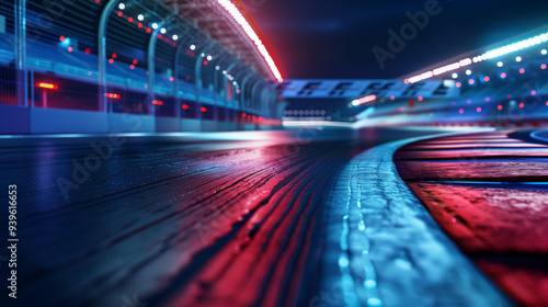 Formula 1 racing track glows with colorful neon lights. F1 grand prix race. Smooth curves, reflections create inviting atmosphere for spectators, drivers. Motor sport. 