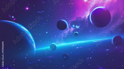 An awe-inspiring and colorful cosmic landscape with multiple planets and stars, showcasing a futuristic and vibrant space scene filled with celestial wonders.