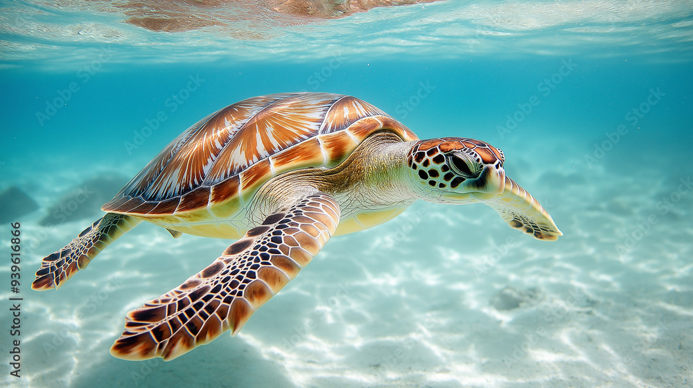 Obraz premium 29. Crisp and clear image of a sleek sea turtle gliding through clear water