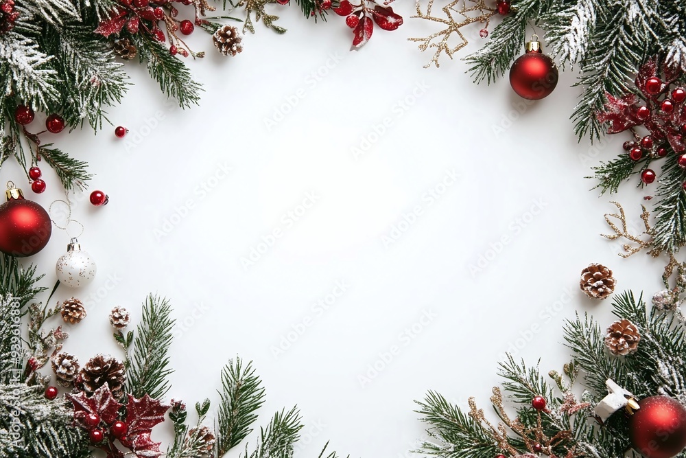 Festive Christmas Frame with Pine Cones and Red Berries Festive Christmas Frame with Pine Cones and Red Berries