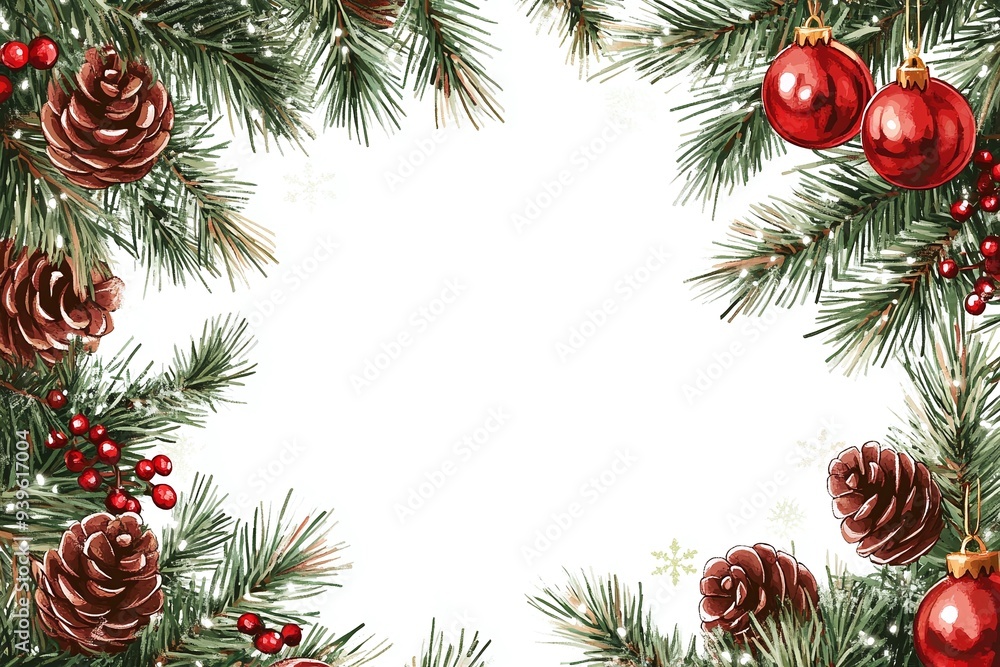 Festive Christmas Frame with Pine Cones and Red Berries Festive Christmas Frame with Pine Cones and Red Berries