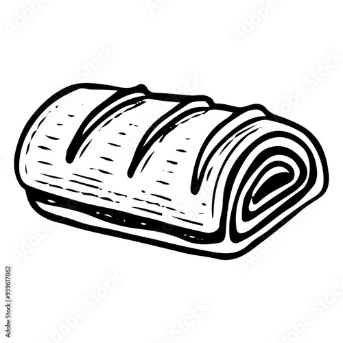 Apple strudel hand drawn doodle. Baked roll pie. Puff pastry. Sweet biscuit dessert food. Confectionery sugar pastry. Bakery product. Vector outline line art illustration.