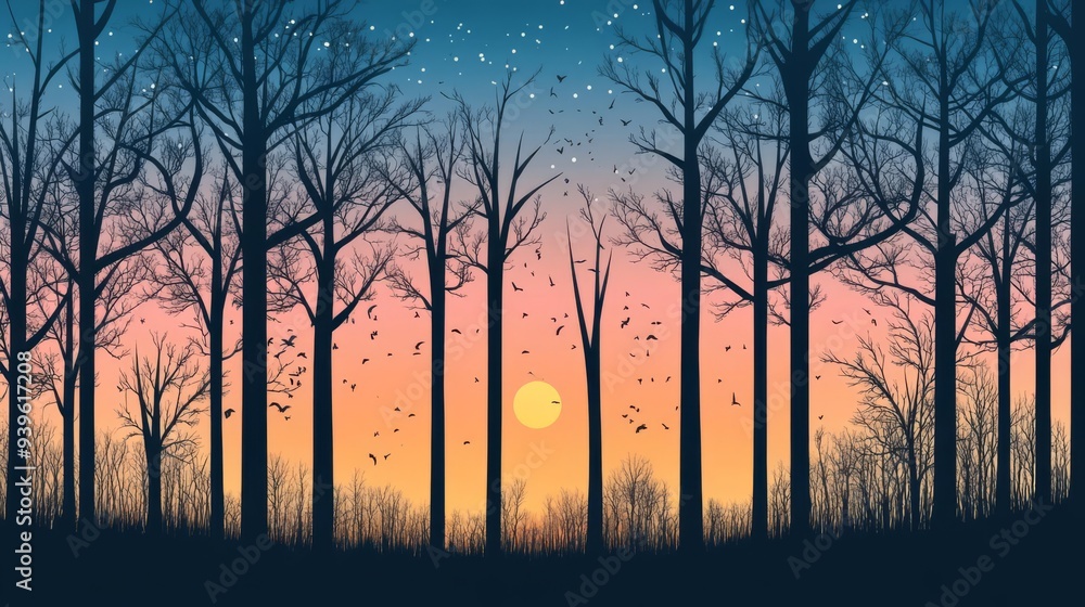 Twilight in the forest, silhouettes of trees against a vibrant sky, flat design illustration Twilight in the forest, silhouettes of trees against a vibrant sky, flat design illustration