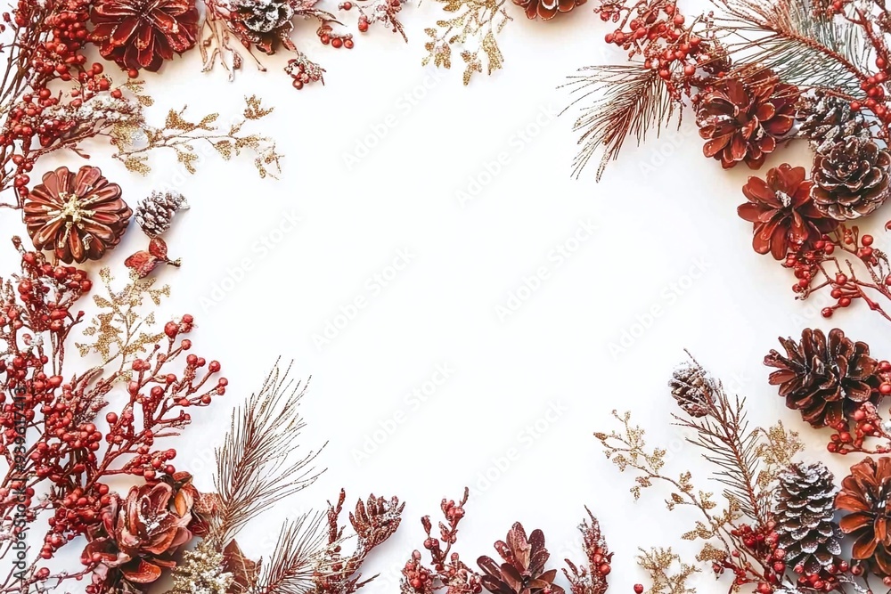 Festive Christmas Frame with Pine Cones and Red Berries Festive Christmas Frame with Pine Cones and Red Berries