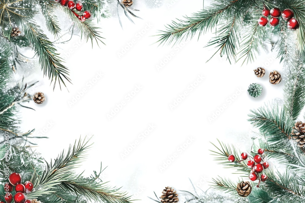 Festive Christmas Frame with Pine Cones and Red Berries Festive Christmas Frame with Pine Cones and Red Berries