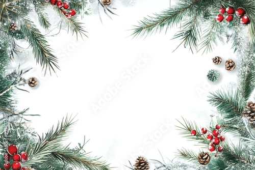 Festive Christmas Frame with Pine Cones and Red Berries