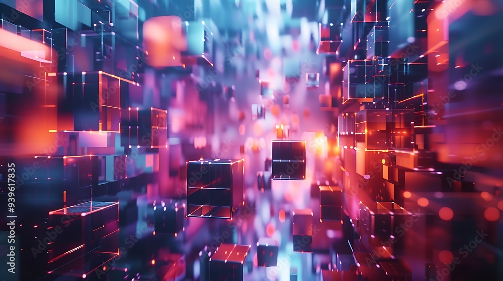 Fototapeta premium Digital voxel artificial cubes, illustrating an abstract 3D, futuristic pixelated render, representing the intersection of digital art and technology