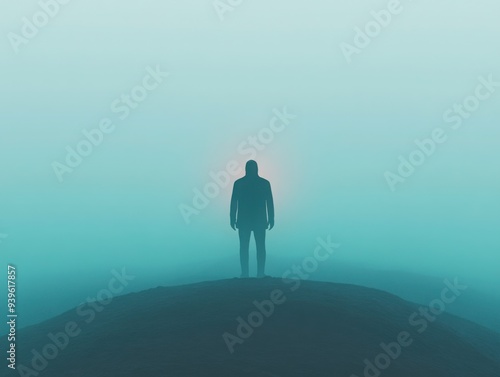 Foggy landscape with a distant glowing figure, 3D illustration