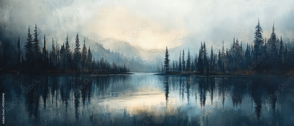 Fototapeta premium Silhouetted Trees Reflected in a Still Lake at Dawn