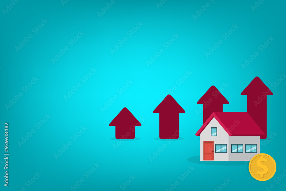 Arrows rise up above the house. The concept of growth in demand for real estate. Increase in the value of property Arrows rise up above the house. The concept of growth in demand for real estate. Increase in the value of property