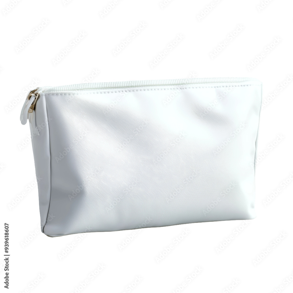 Obraz premium A minimalist white cosmetic pouch featuring a zip closure, ideal for organizing makeup and toiletries during travel or daily use. Transparent background PNG