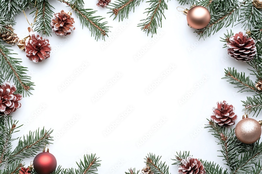Festive Christmas Frame with Pine Cones and Red Berries Festive Christmas Frame with Pine Cones and Red Berries