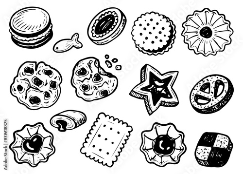 Set of cookies hand drawn doodle. Snack crispy cookie. Dessert food. Confectionery sweets. Sugar pastry. Bakery product. Oatmeal, sandwich, cracker. With filling. Vector outline line art illustration.