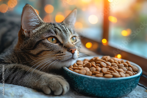  cat lying beside a bowl of dry cat food, staring intently with wide, expressive eyes. 