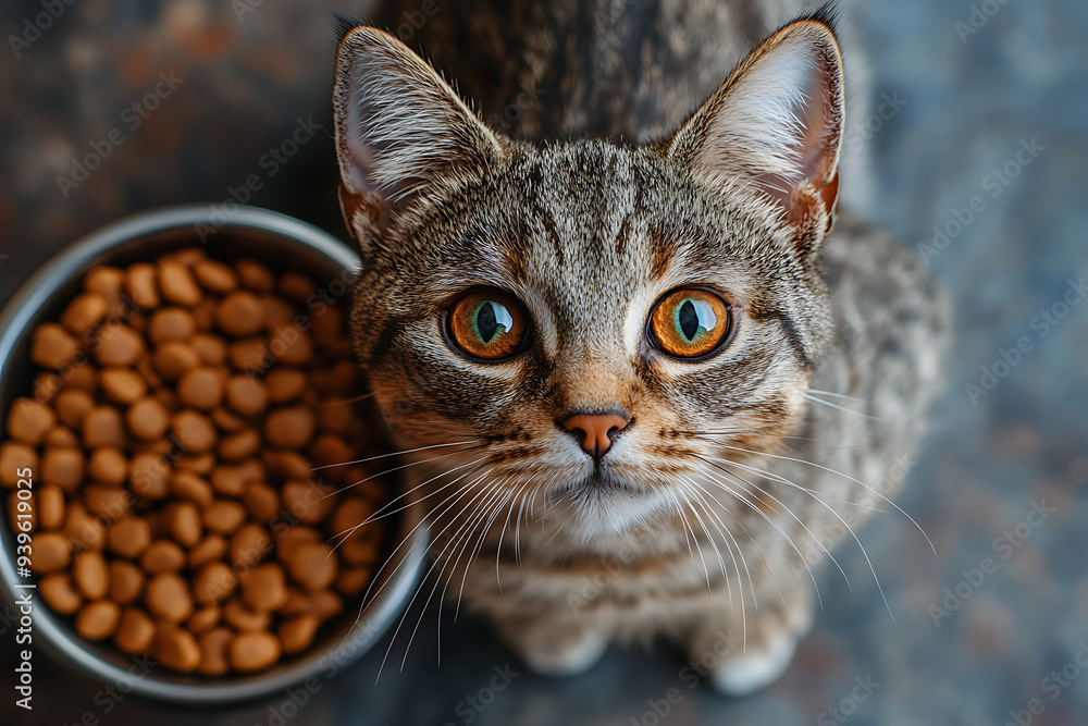 cat lying beside a bowl of dry cat food, staring intently with wide, expressive eyes.
cat lying beside a bowl of dry cat food, staring intently with wide, expressive eyes.