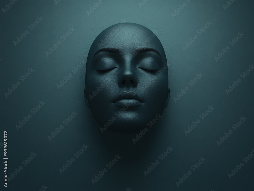 Dark room, single ray of light on a calm face, 3D illustration Dark room, single ray of light on a calm face, 3D illustration