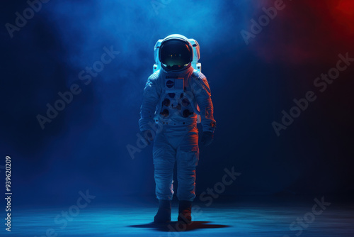 Solitary astronaut standing alone under moody blue and red lighting, symbolizing isolation and the vastness of space