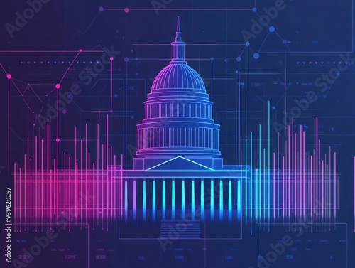 Illustration of a government budget influenced by economic policy, represented by digital charts and spending categories