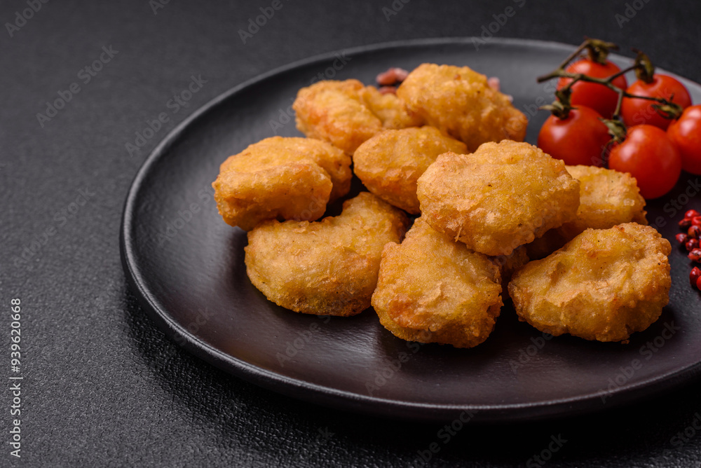 Delicious fresh crispy chicken nuggets on a dark concrete background Delicious fresh crispy chicken nuggets on a dark concrete background