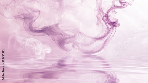 An elegant light lilac background seamlessly merges into a reflective floor, adorned with gentle, wispy smoke tendrils.