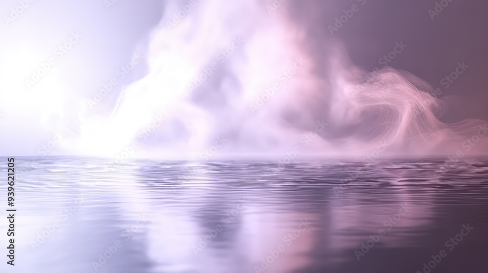 Naklejka premium An elegant light lilac backdrop seamlessly blending into a reflective floor, with soft, wispy smoke adding a refined touch.