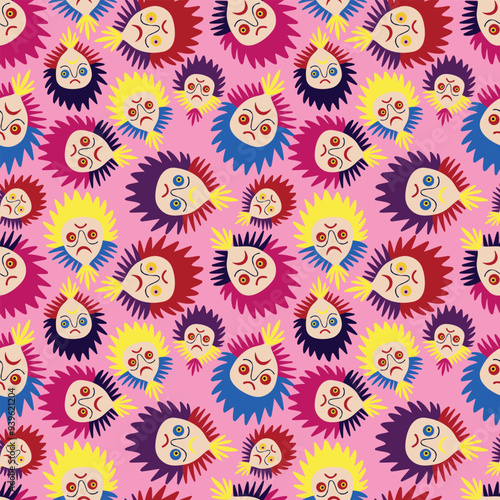 Pink pattern with colorful cartoon faces. Halloween pattern with demons