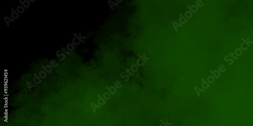 Abstract green smoke. Green color powder explosion cloud on black background. Closeup of green dust particles exhale on dark background. Launched green dust particles splashing.