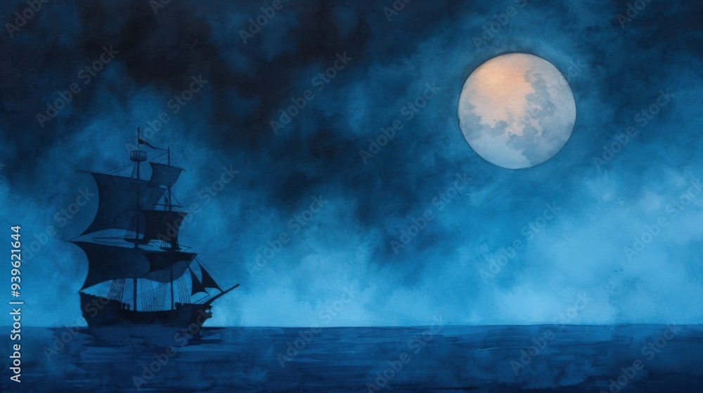 Pirate ship, haunted by ghostly crew, full moon above, eerie mist, Watercolor style Pirate ship, haunted by ghostly crew, full moon above, eerie mist, Watercolor style