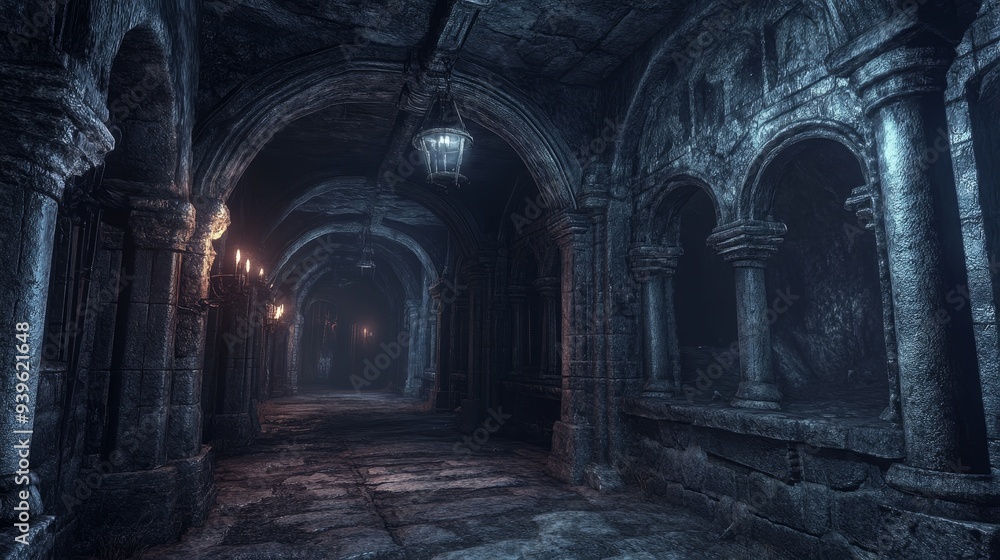 A dimly lit stone corridor with arches and lanterns, evoking a mysterious and eerie atmosphere. A dimly lit stone corridor with arches and lanterns, evoking a mysterious and eerie atmosphere.