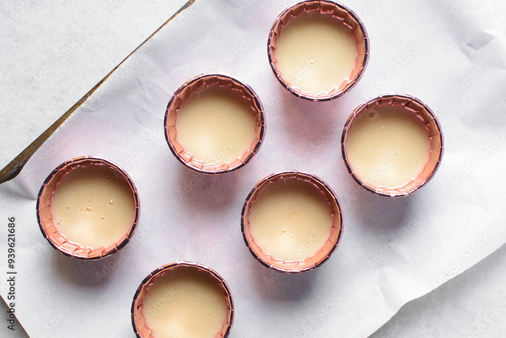Overhead view of vanilla cupcake batter in pink cupcake liners, cupcake batter in metallic pink cases, process of making cupcakes Overhead view of vanilla cupcake batter in pink cupcake liners, cupcake batter in metallic pink cases, process of making cupcakes