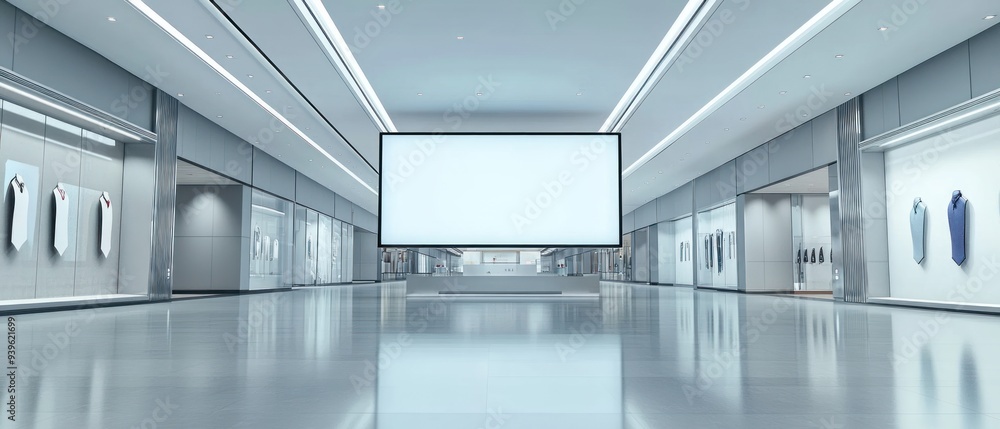 Empty Modern Lobby with Large Blank Sign and Reflective Floor