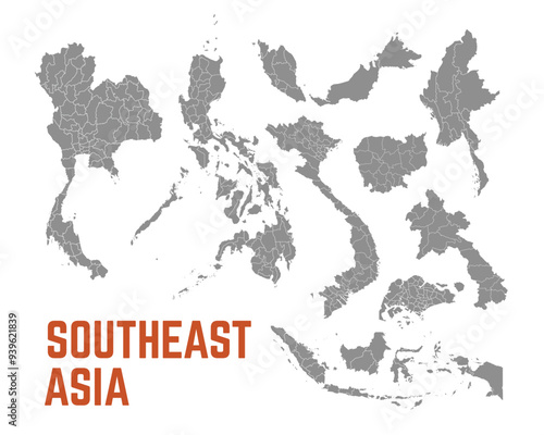 Southeast Asia map. Indonesia, Malaysia,Thailand, Laos, Philippines, Vietnam, Singapore, Cambodia maps with regions. Asia map isolated on white background. High detailed. Vector illustration	