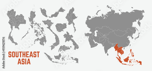 Southeast Asia map. Indonesia, Malaysia,Thailand, Laos, Philippines, Vietnam, Singapore, Cambodia maps with regions. Asia map isolated on white background. High detailed. Vector illustration	