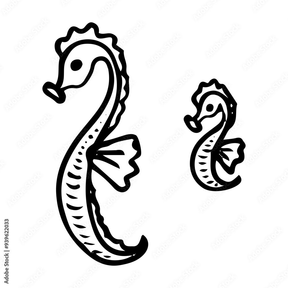 Seahorse hand drawn doodle. Animal living in the sea. Small fish. Inhabitant of the coral reef. Diving in water. Vector sketch line art illustration. Seahorse hand drawn doodle. Animal living in the sea. Small fish. Inhabitant of the coral reef. Diving in water. Vector sketch line art illustration.