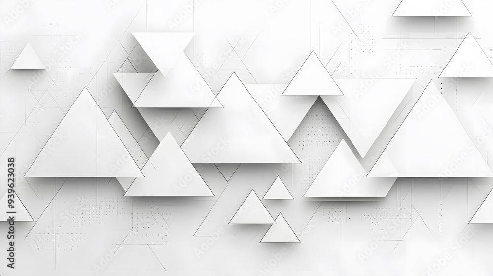 Fototapeta premium White Triangles, 3D Shapes, on White Background, Abstract Image, Texture, Pattern, Wallpaper, Cover and Screen of Smartphone, Cell Phone, Computer, Laptop, 9:16 and 16:9 Format
