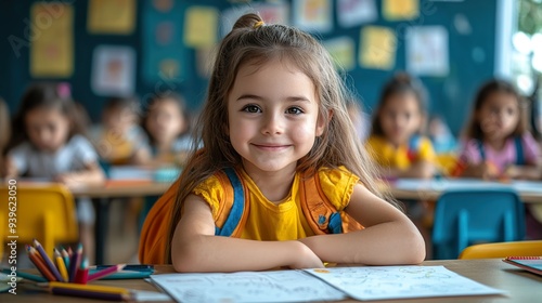 Blonde girl on her first day of school sitting at a table paints a drawing with colored pencils