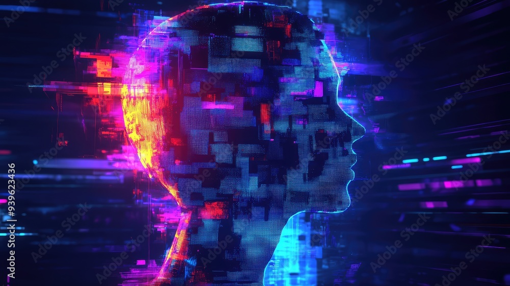 An abstract digital piece featuring a human shape in neon lights, fragmented by glitch effects, against a dark, pixelated backdrop. An abstract digital piece featuring a human shape in neon lights, fragmented by glitch effects, against a dark, pixelated backdrop.